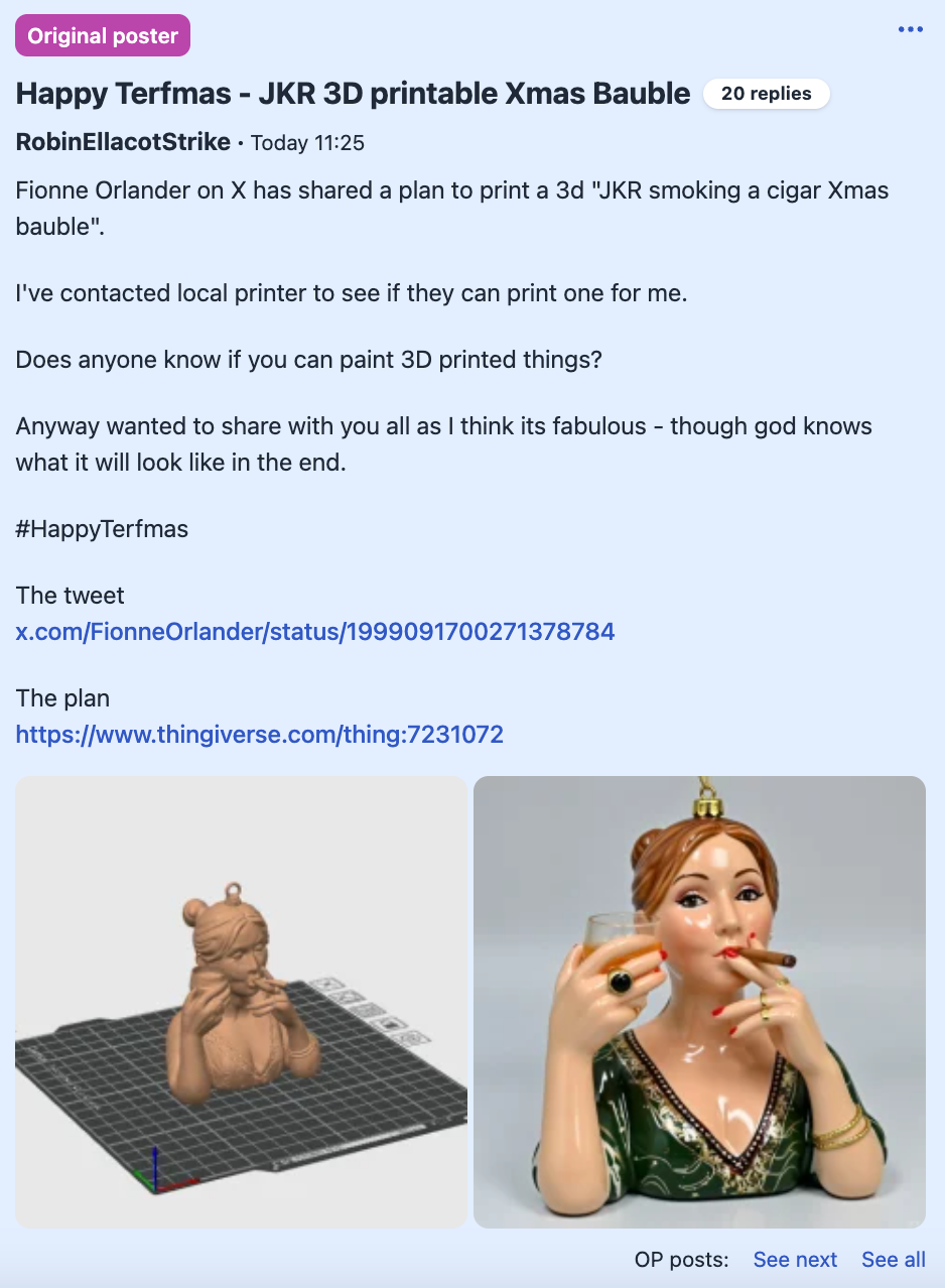 A 3-D printed ornament of author J.K Rowling's adult human female head with cigar and champagne.