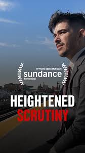 A man in a suit loooks out over a blue sky above an image of the USSC and the words Heightened Scrutiny.