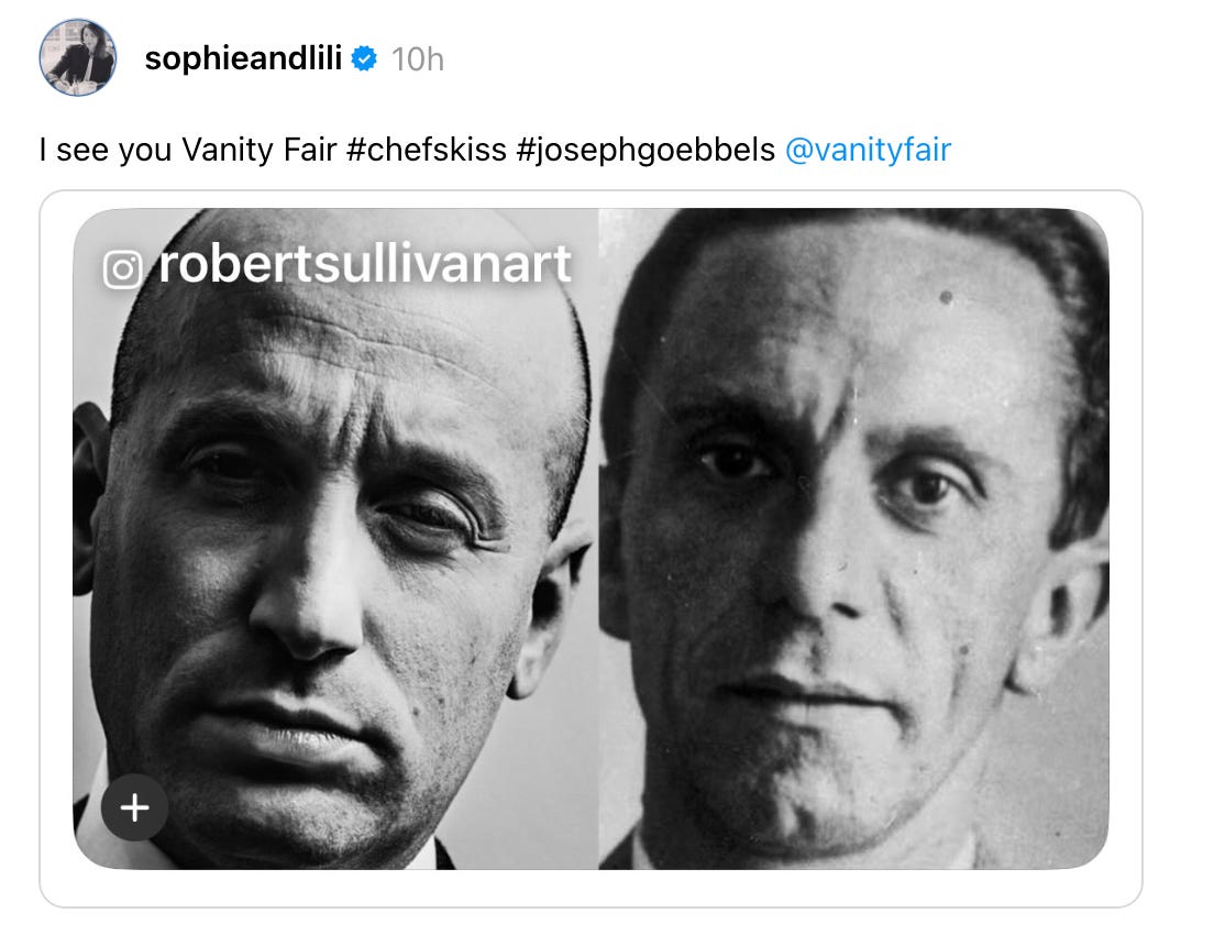 A side by side comparison of two black and white photos, close-ups of two men's faces half in shadow. On the left is WH advisor Stephen Miller, on the right is Nazi propagandist Joseph Goebbels. Brothers from another mother. 